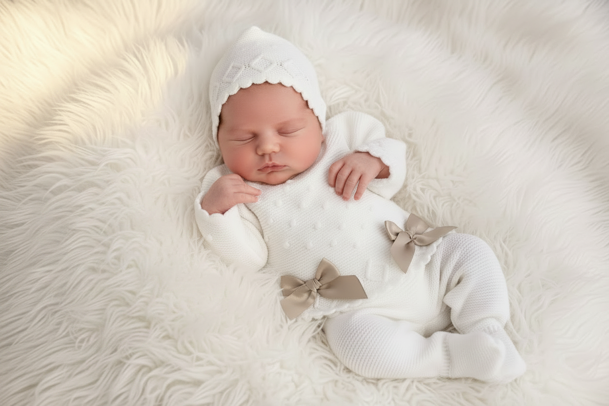Baby girl’s luxurious knitted set with matching bonnet