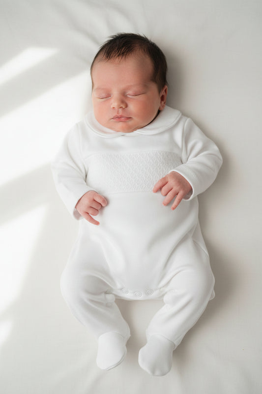 White Unisex smocked all in one