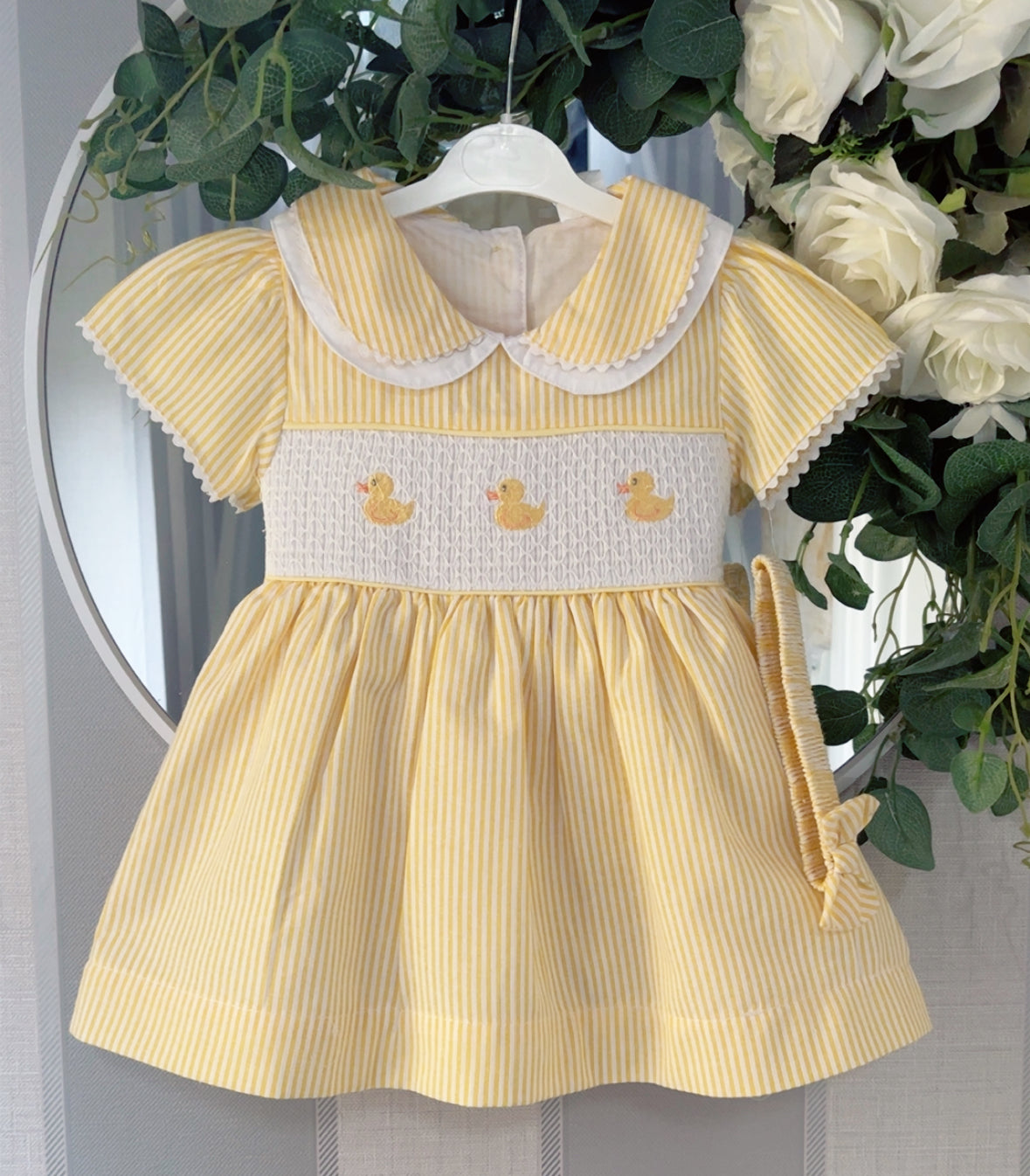 Baby girls smocked “Duckling” dress with knickers and headband