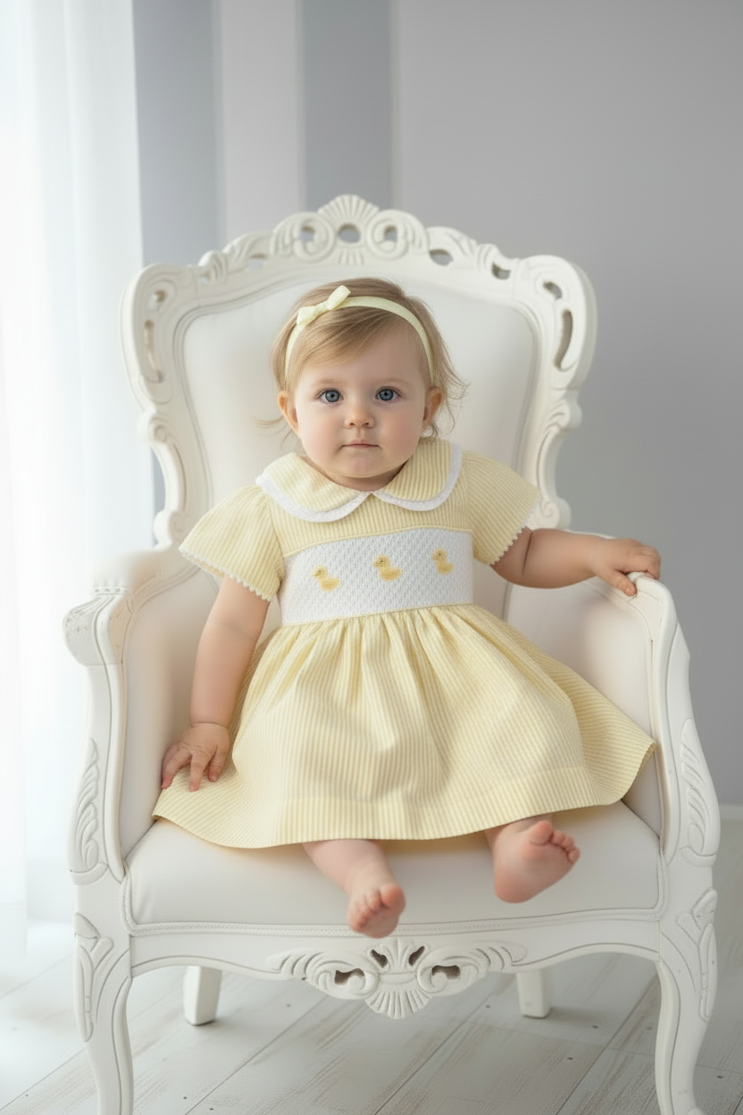 Baby girls smocked “Duckling” dress with knickers and headband