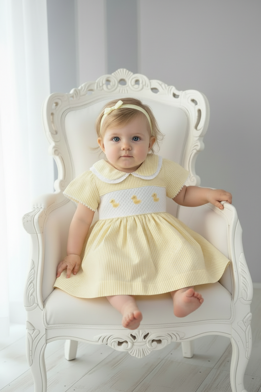 Baby girls smocked “Duckling” dress with knickers and headband