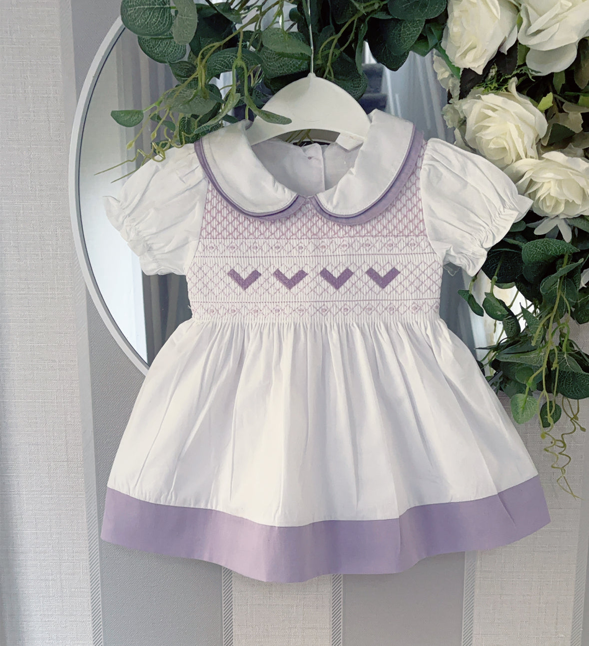 Baby girls smocked dress with knickers and headband