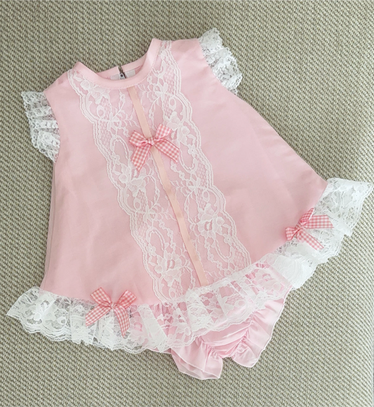 Baby girls pink lace dress with knickers