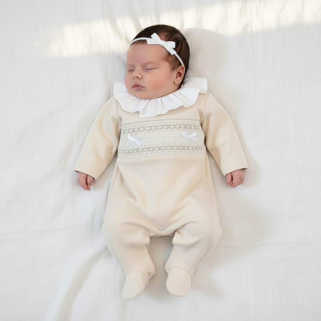 Baby girls smocked all in one with frilled collar