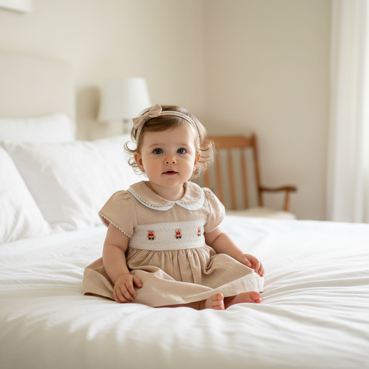 Baby girls traditional “Teddy” smocked dress with knickers and headband