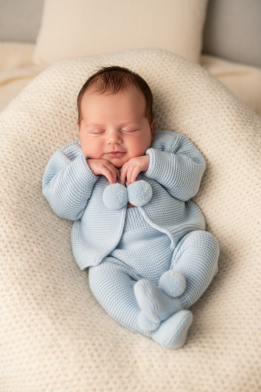 Baby boys sky knitted ‘Pompom’ set