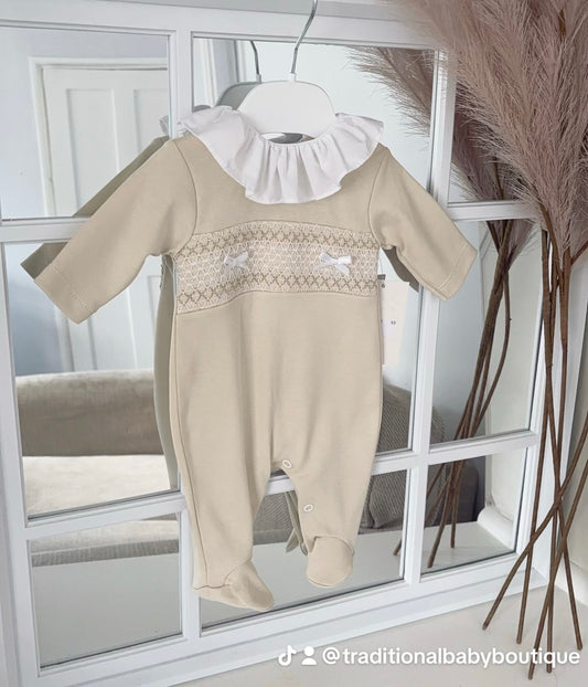 Baby girls smocked all in one with frilled collar
