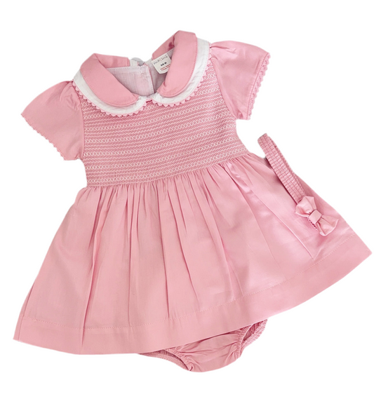 Baby girls blush pink smocked dress with knickers & headband