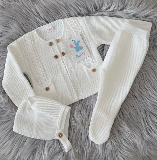 Luxury white knitted cardigan, leggings and bonnet set