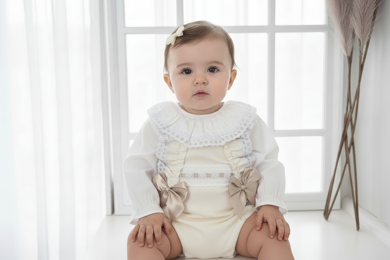 Baby girls cream slotted ribbon set