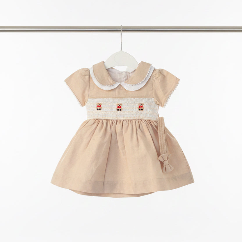 Baby girls traditional “Teddy” smocked dress with knickers and headband