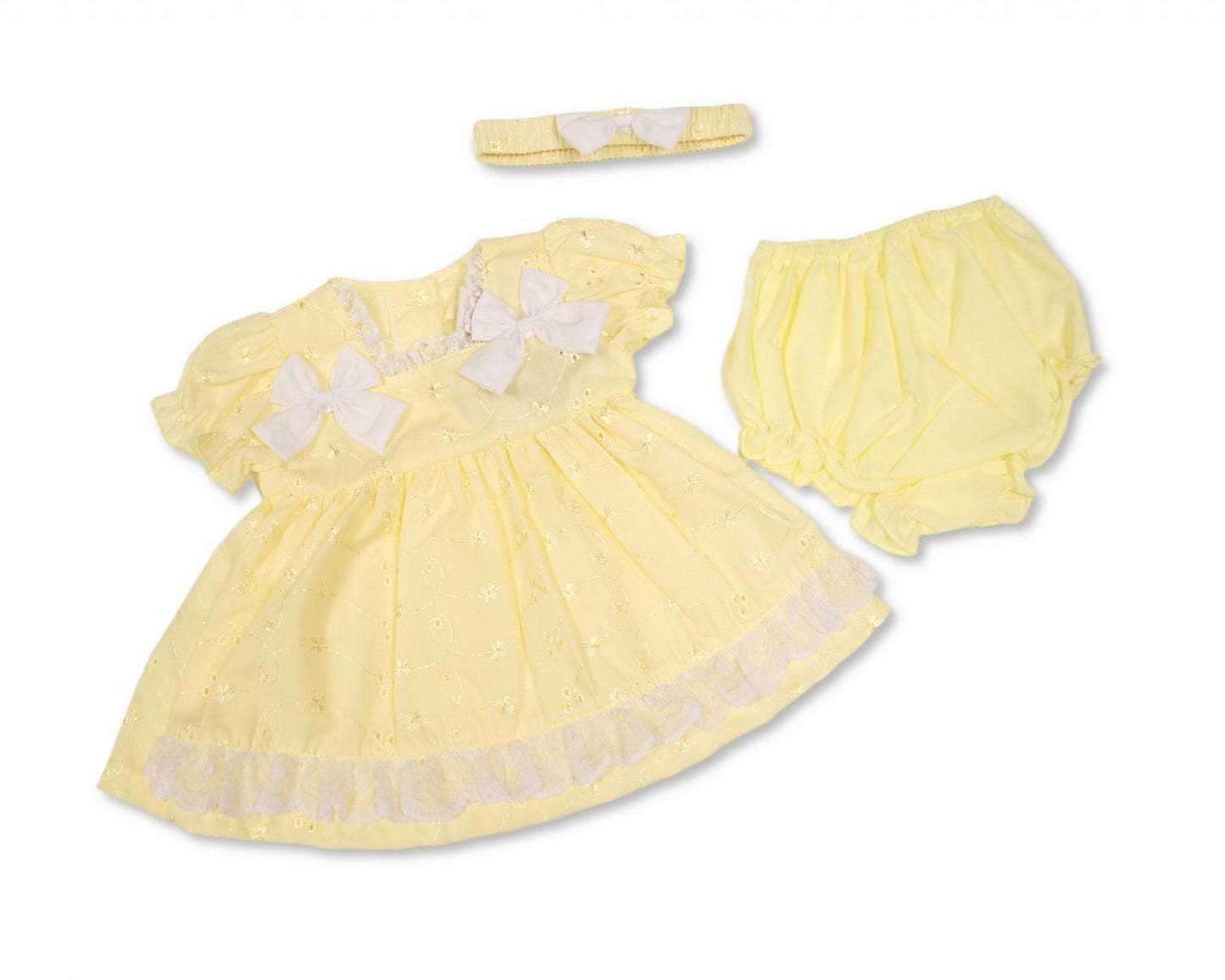 Baby girls Broderie Anglaise "Bows" Dress with headband and knickers