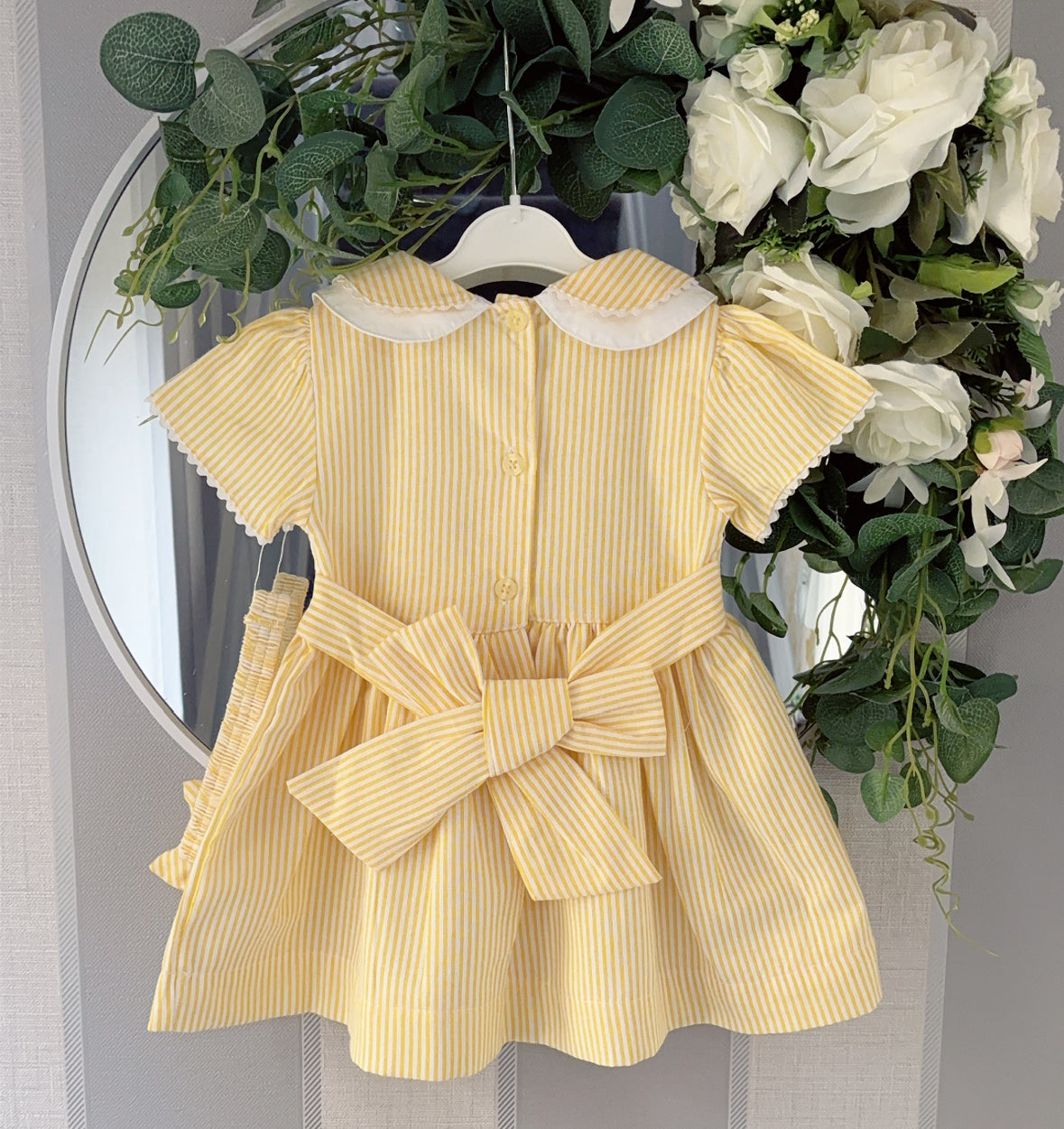 Baby girls smocked “Duckling” dress with knickers and headband