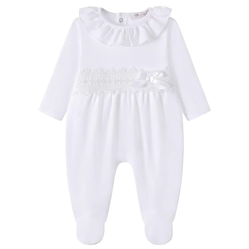 Baby girls Cotton Ruffle Sleepsuit with Lace and Bow Detail