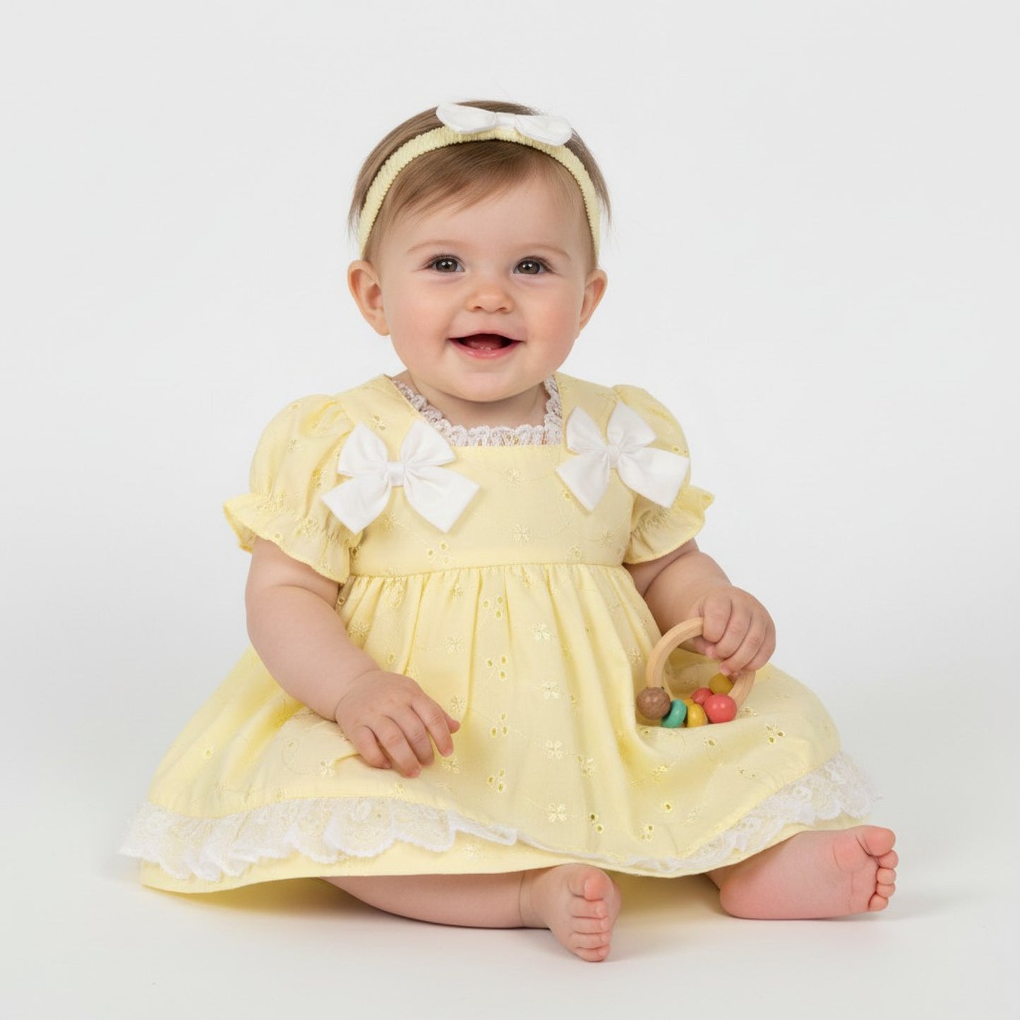 Baby girls Broderie Anglaise "Bows" Dress with headband and knickers