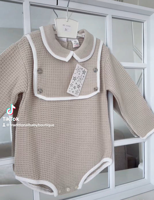 Baby boys beige waffle knit romper with bib