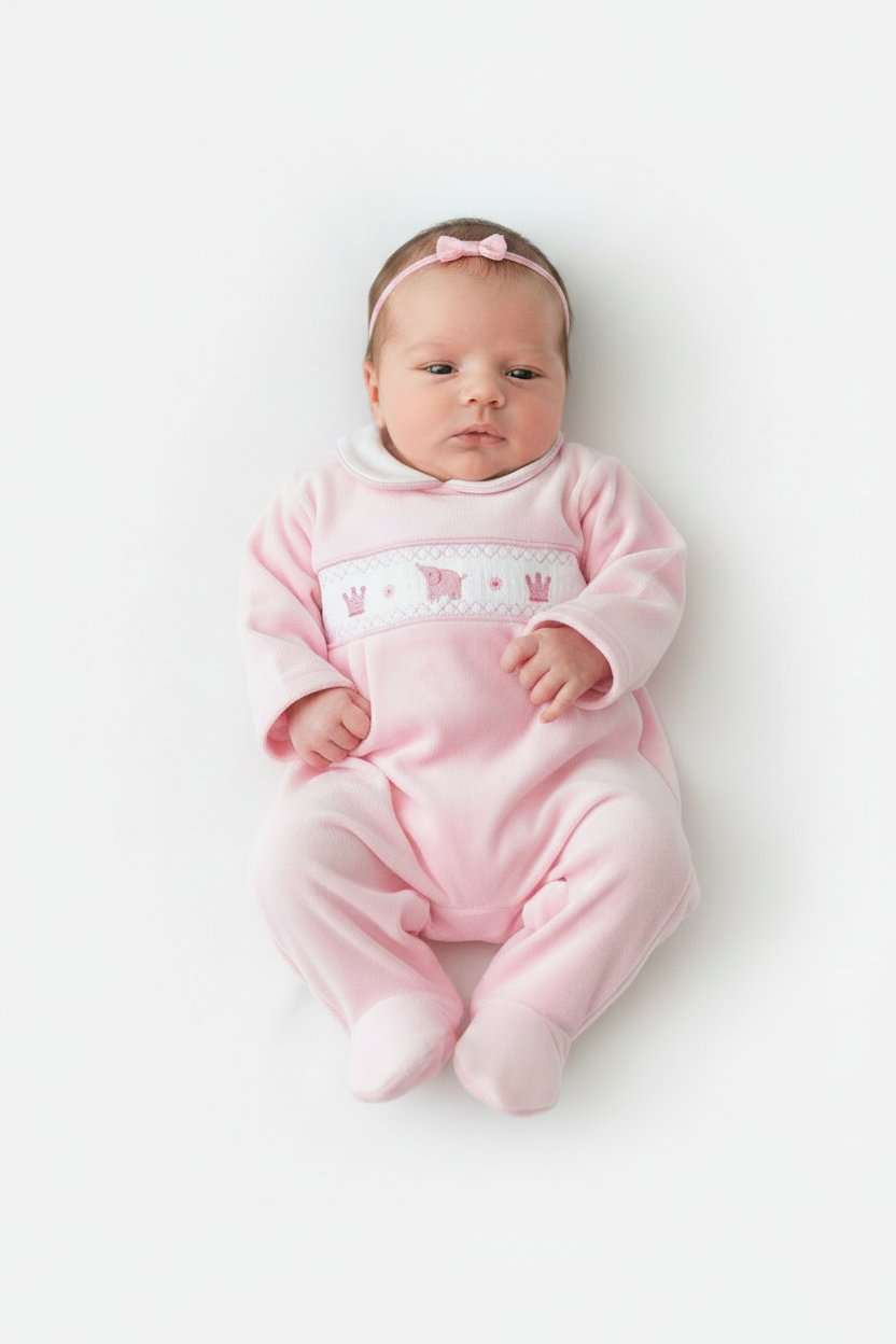 Baby girls velour smocked elephant all in one