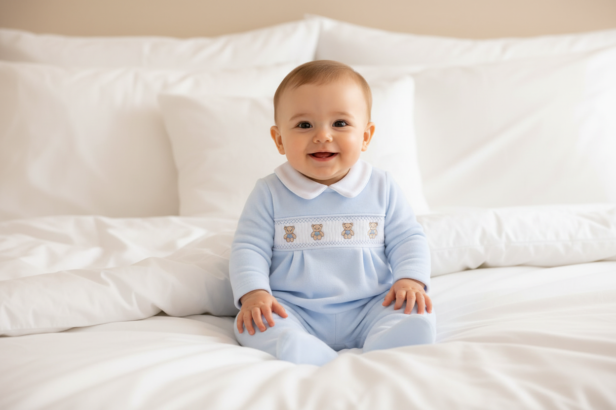 Baby boys Teddy Bear Velour Smocked All In One