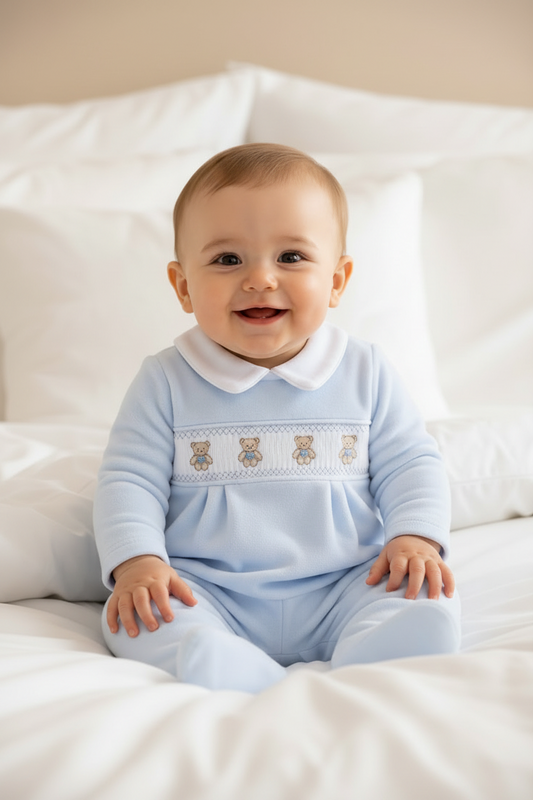 Baby boys Teddy Bear Velour Smocked All In One