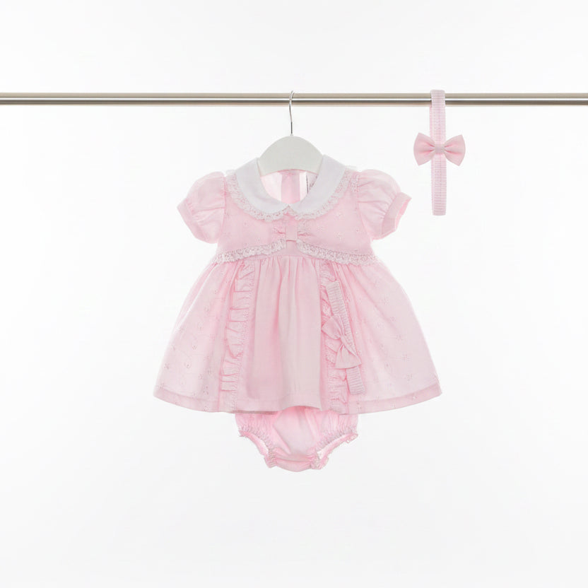 Baby girls embroidery anglaise dress with lace , knickers & headband