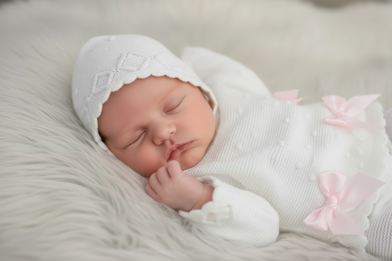 Baby girl’s luxurious knitted set with matching bonnet