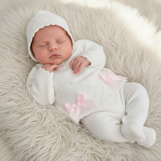 Baby girl’s luxurious knitted set with matching bonnet