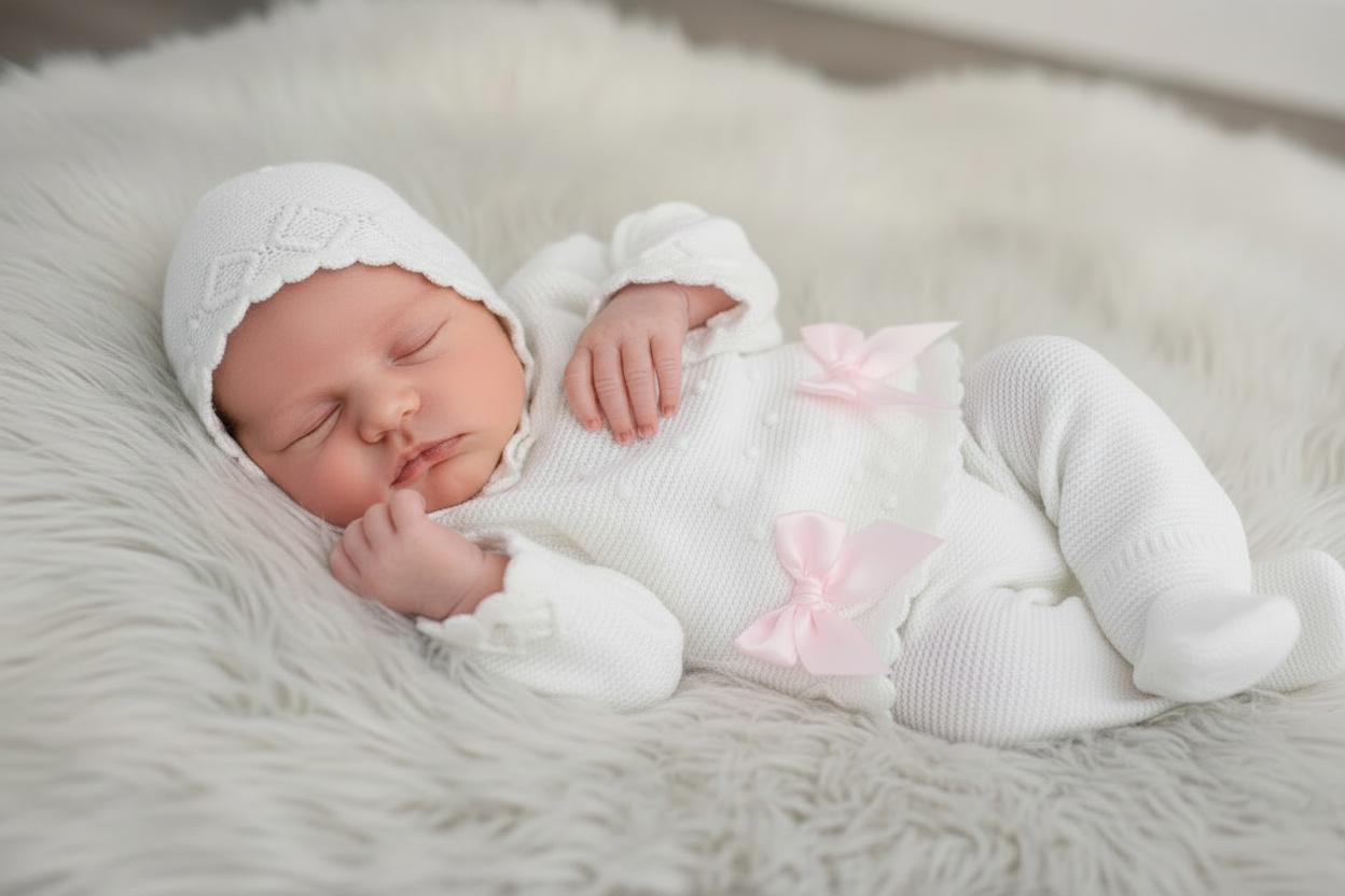 Baby girl’s luxurious knitted set with matching bonnet