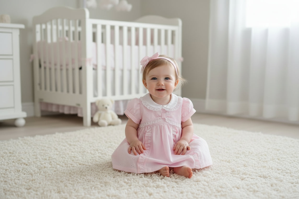 Baby girls embroidery anglaise dress with lace , knickers & headband