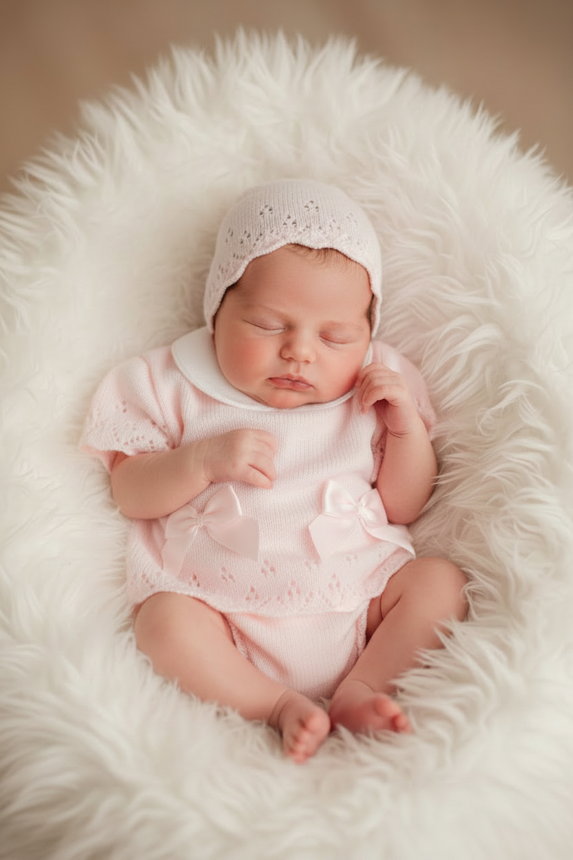 Baby girls pink knitted set with bonnet