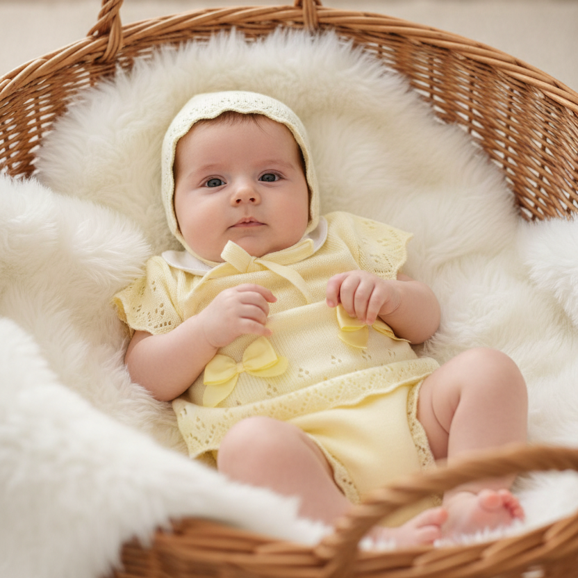 Baby girls yellow knitted set with bonnet