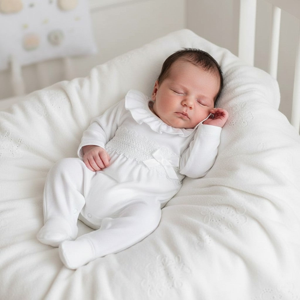 Baby girls Cotton Ruffle Sleepsuit with Lace and Bow Detail