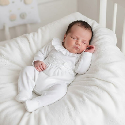Baby girls Cotton Ruffle Sleepsuit with Lace and Bow Detail