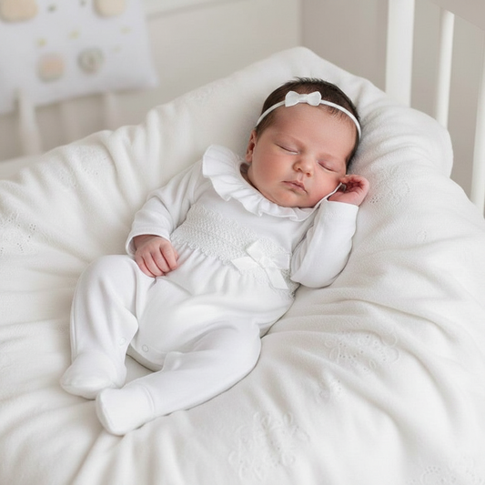 Baby girls Cotton Ruffle Sleepsuit with Lace and Bow Detail