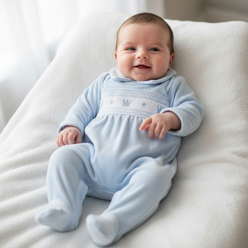 Baby boys velour smocked crown all in one