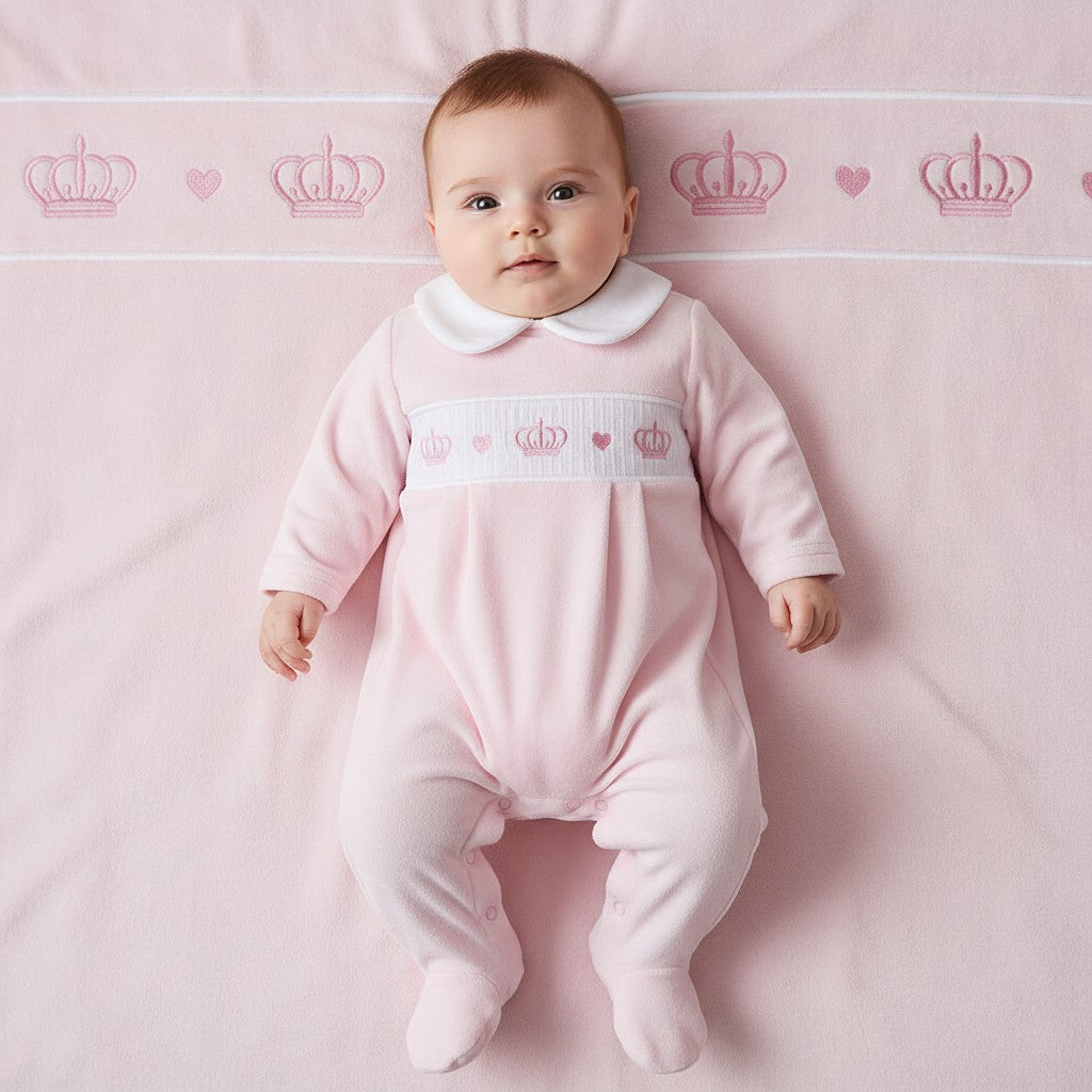 Baby girls velour smocked crown all in one