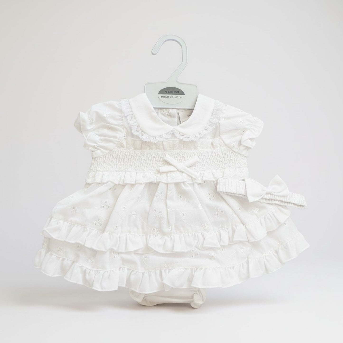 Baby girls smocked embroidery anglaise dress with knickers & headband