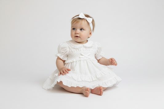 Baby girls smocked embroidery anglaise dress with knickers & headband