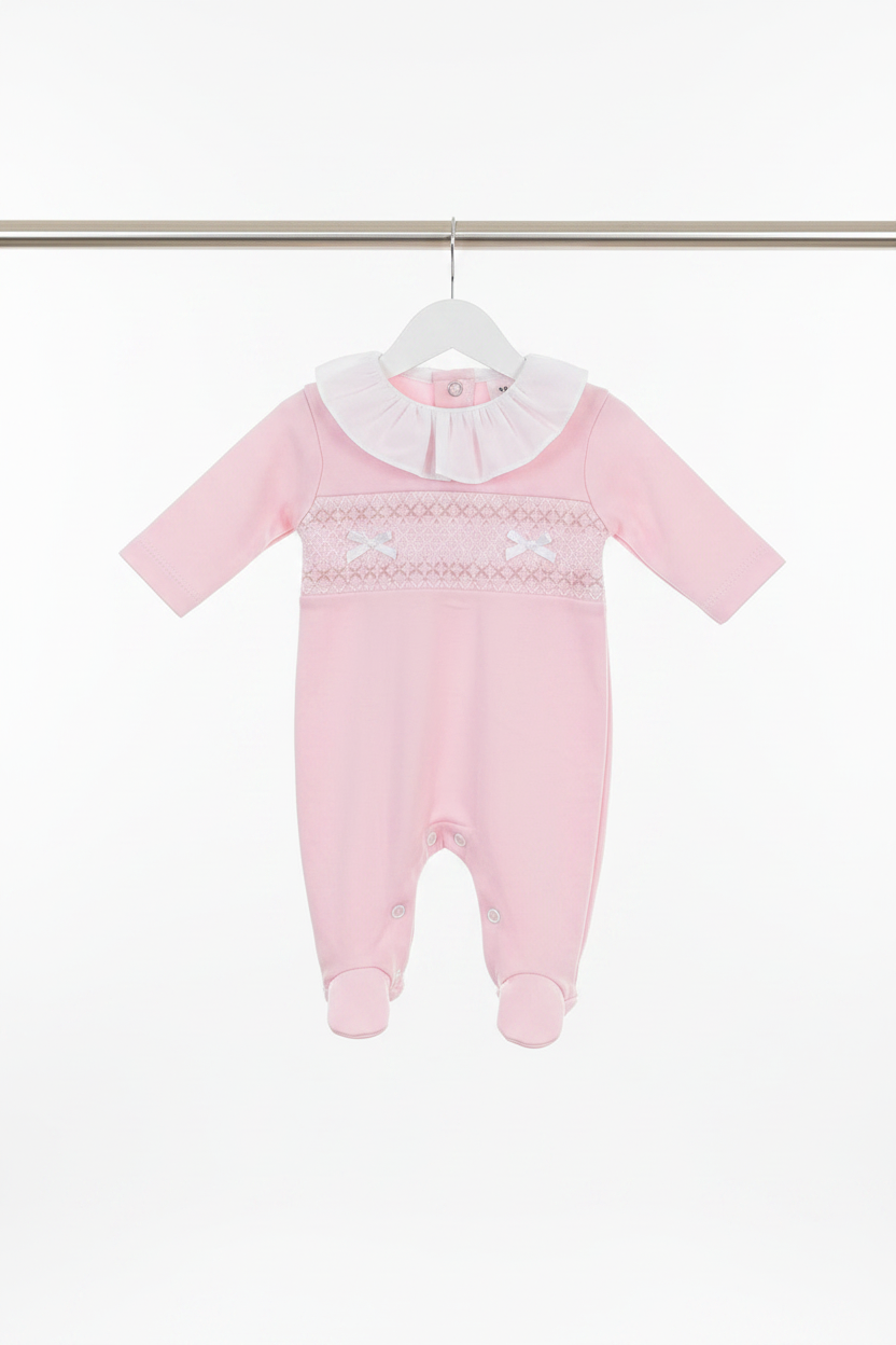 Baby girls smocked all in one with frilled collar