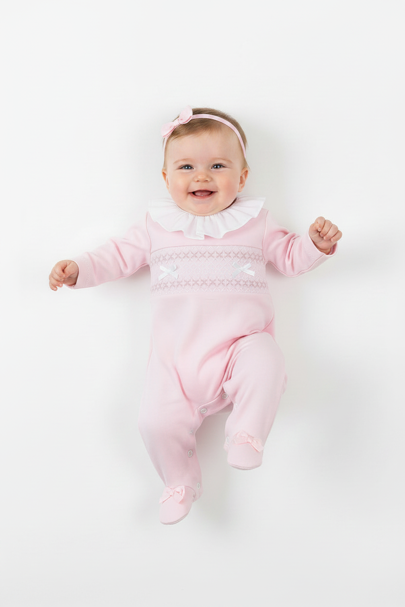 Baby girls smocked all in one with frilled collar