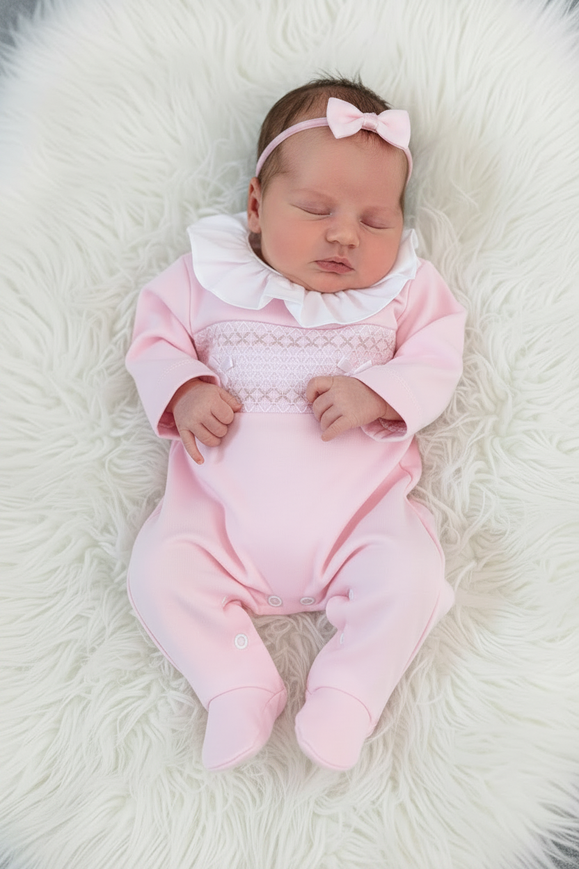 Baby girls smocked all in one with frilled collar