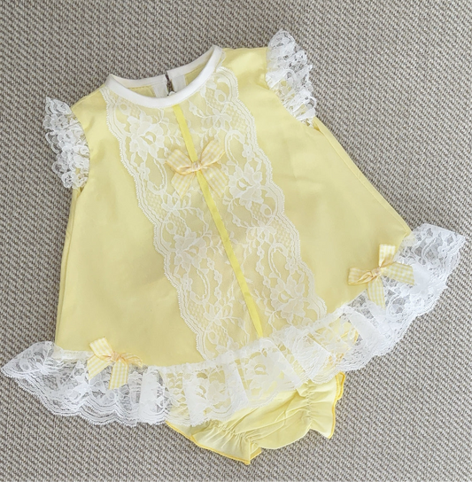 Baby girls lemon lace dress with knickers