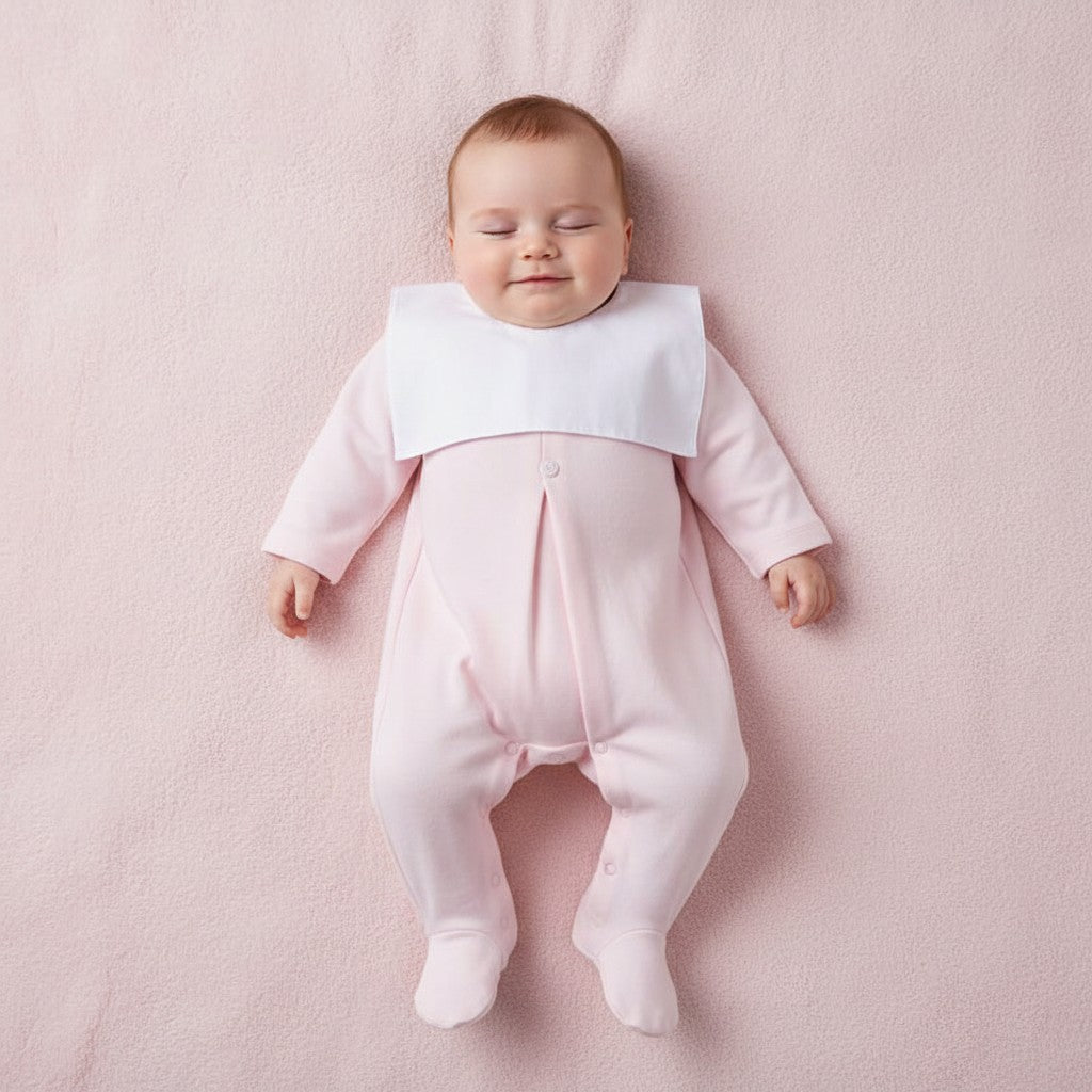 Baby girls Pink Cotton Square Collar Mock Bib all in one