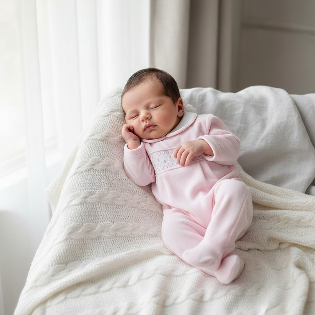 Baby girls Pink Velour Polka Dot Smocked All in One