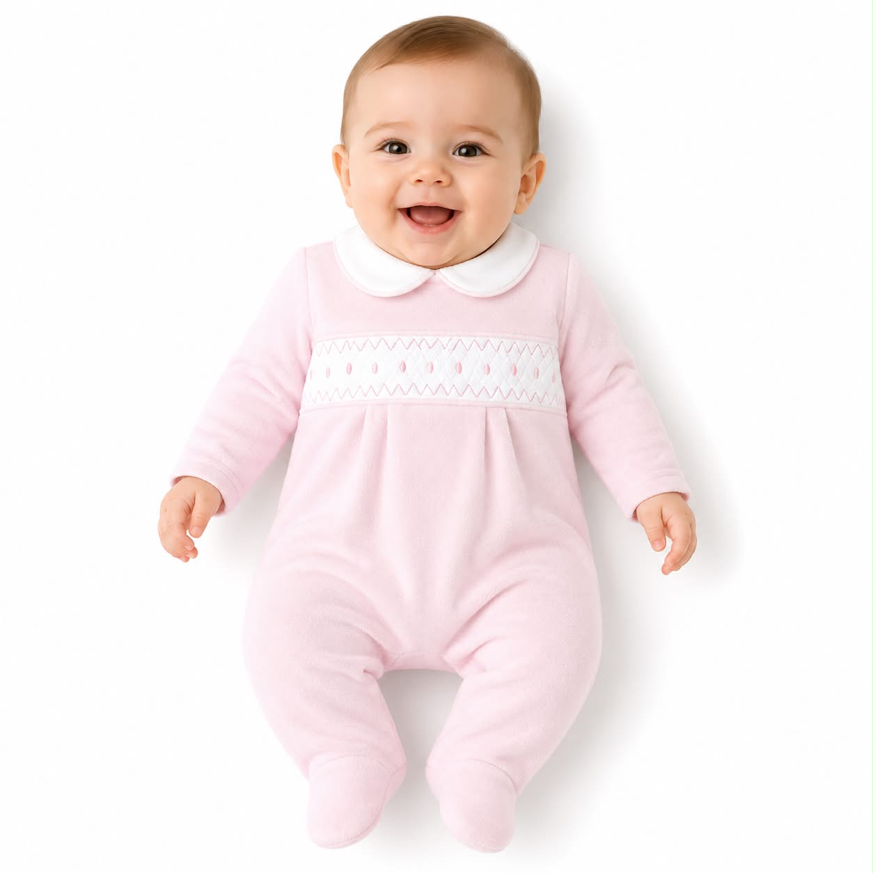 Baby girls Pink Velour Polka Dot Smocked All in One