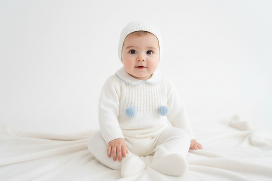 Baby boys knitted all in one with bonnet