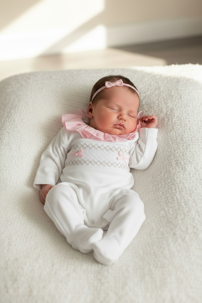 Baby girls smocked all in one with frilled collar