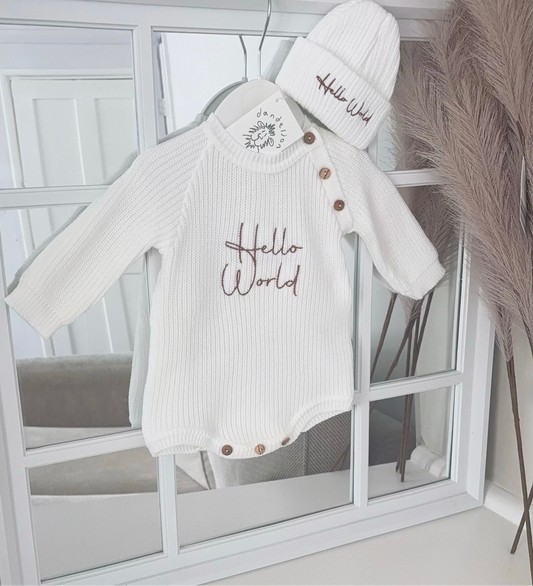 Baby knitted romper with hat “Hello world”
