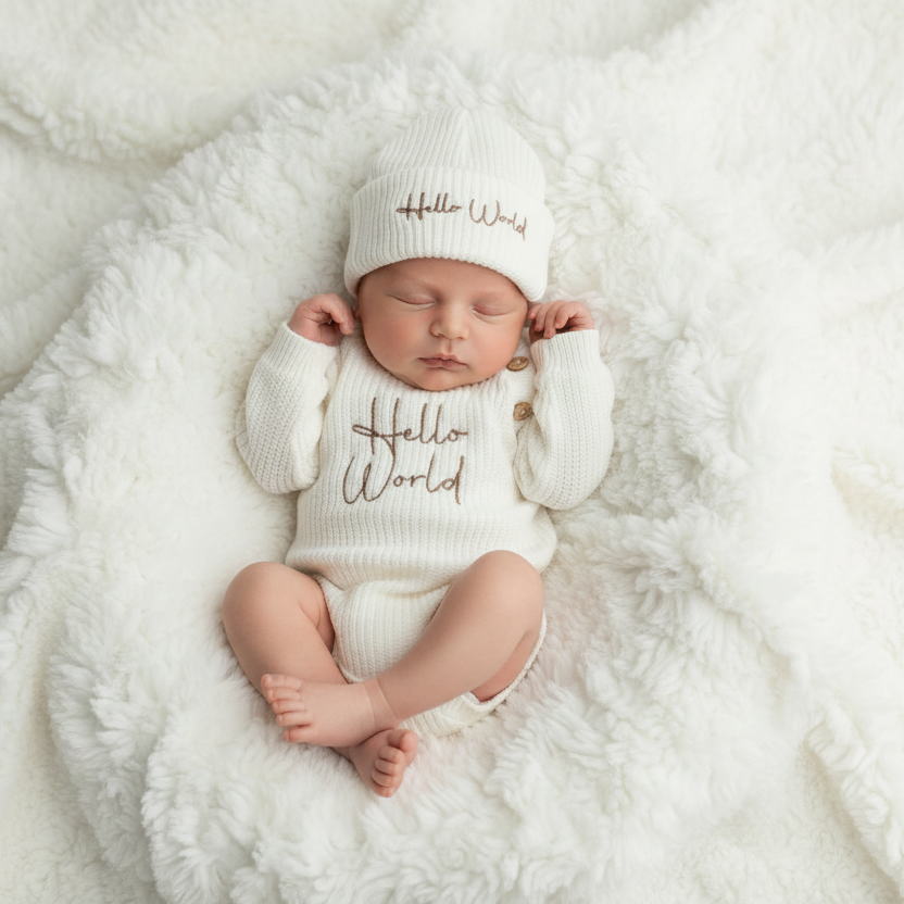 Unisex knitted romper with hat “Hello world”