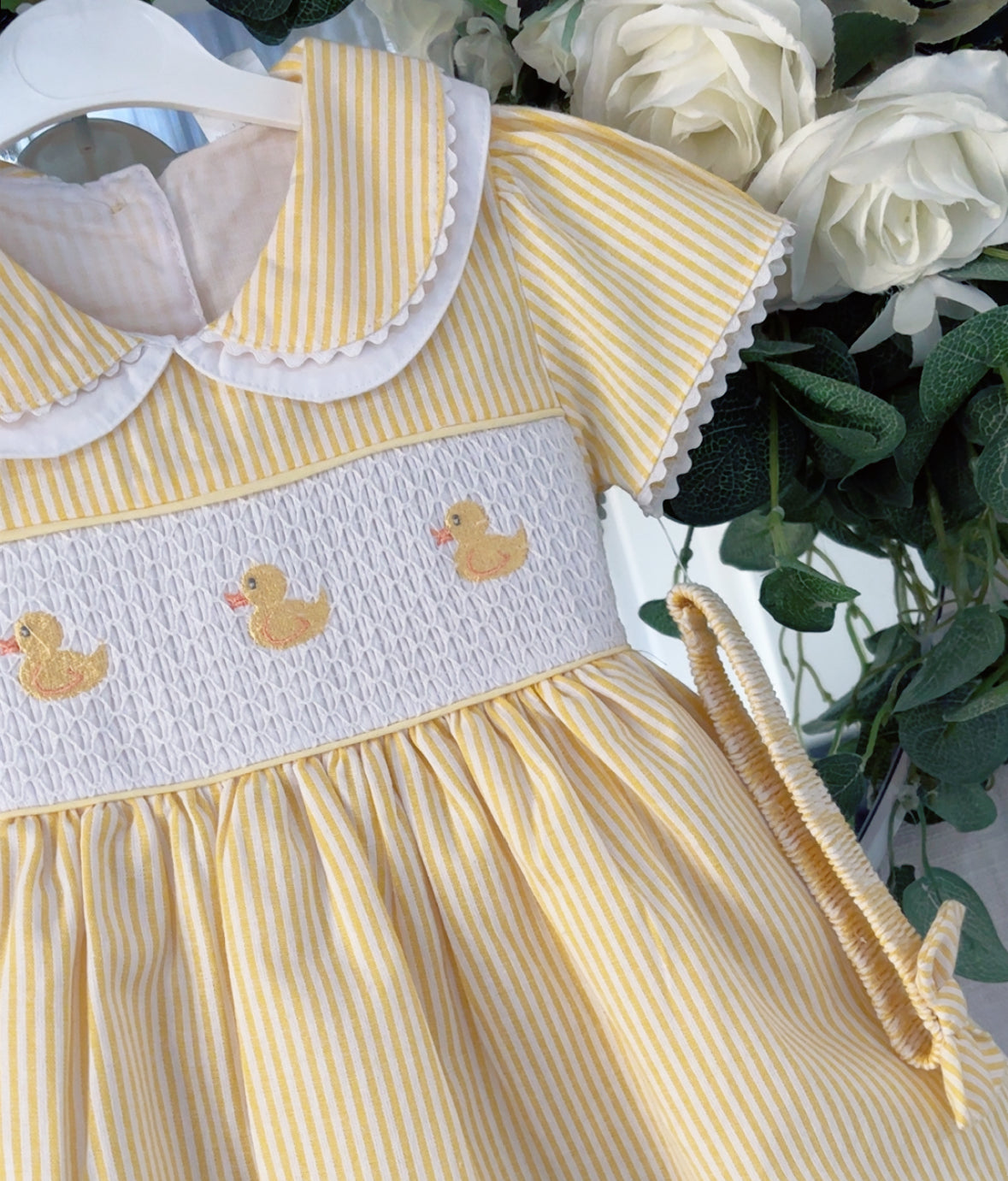 Baby girls smocked “Duckling” dress with knickers and headband
