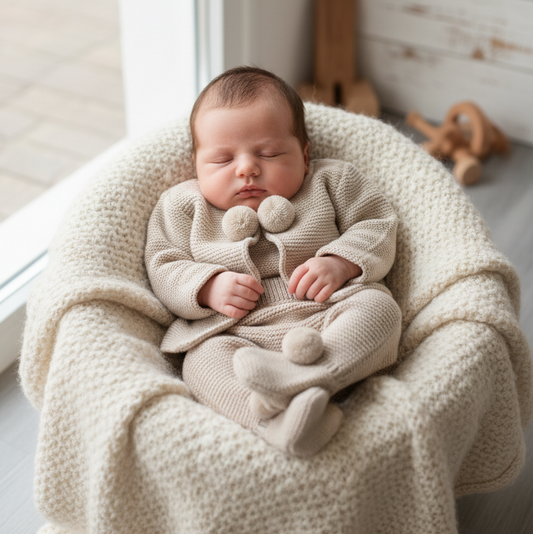 Unisex beige knitted ‘Pompom’ set